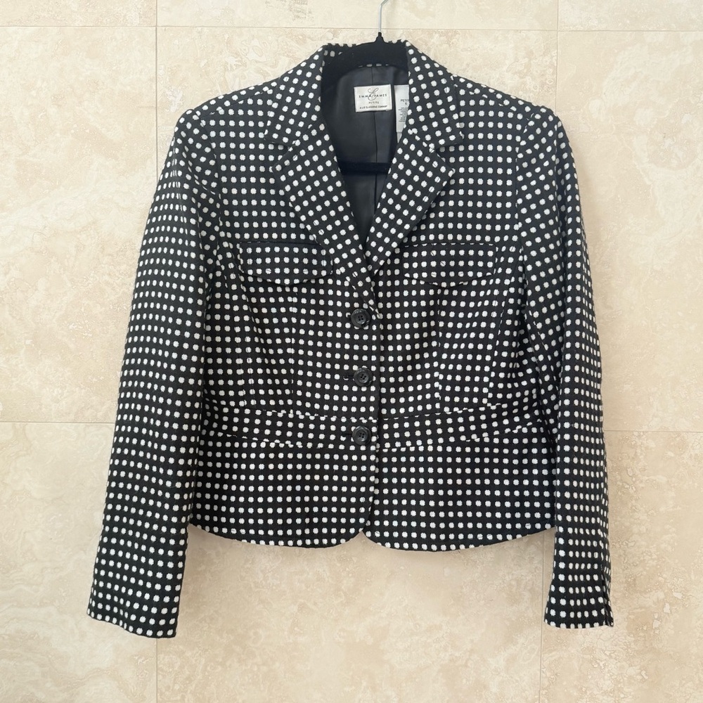 Emma James Petite Black White Polka Dot Knit Blazer 3 Button Petite 6 EUC - Picture 2 of 4